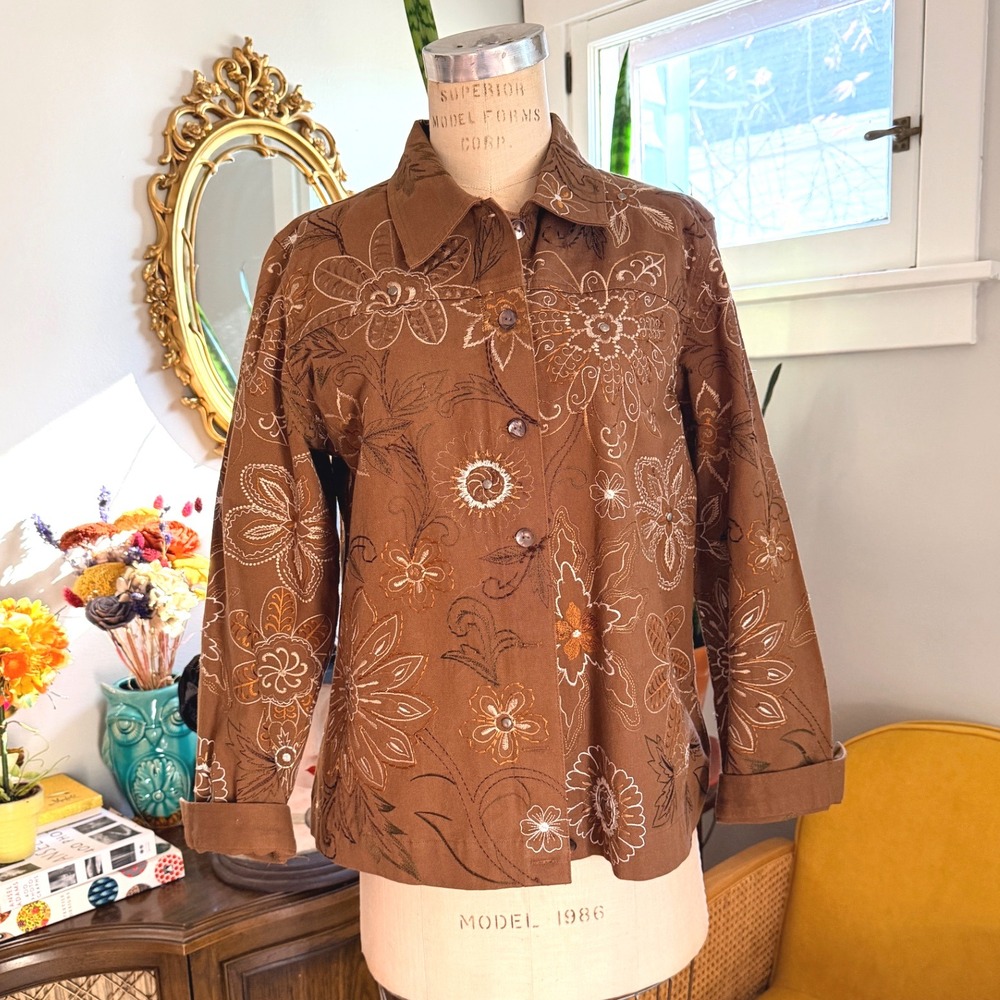 Laura Ashley Brown Floral Embroidered 100%‎ Cotton Button Front Jacket Women's M